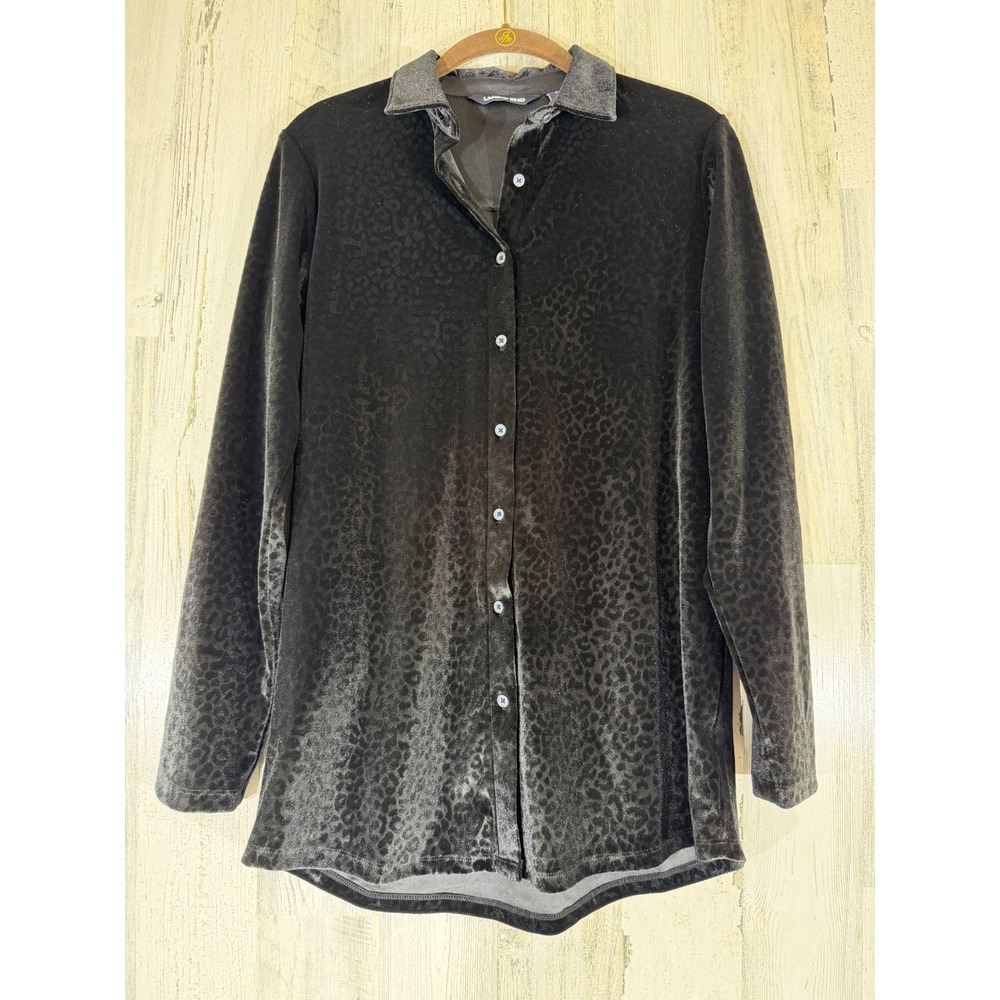 Lands End Button Down Tunic Size XS Black Velvet Leopard Animal Print New NWT